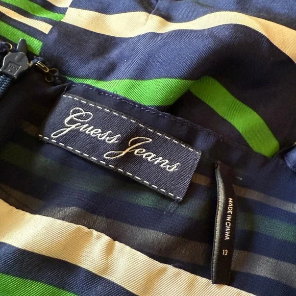 Guess Jeans Dress Womens Size 13 Blue Green White Stripe Sleeveless V Neck Silk - Picture 7 of 11